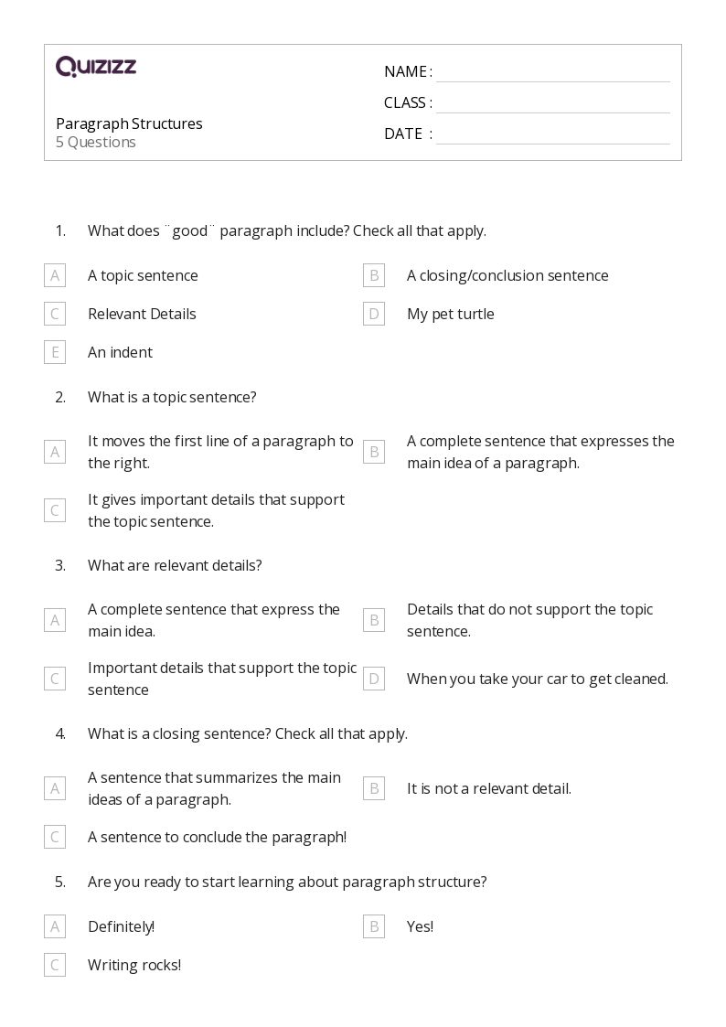 50+ Paragraph Structure worksheets for 4th Grade on Quizizz Free & Printable