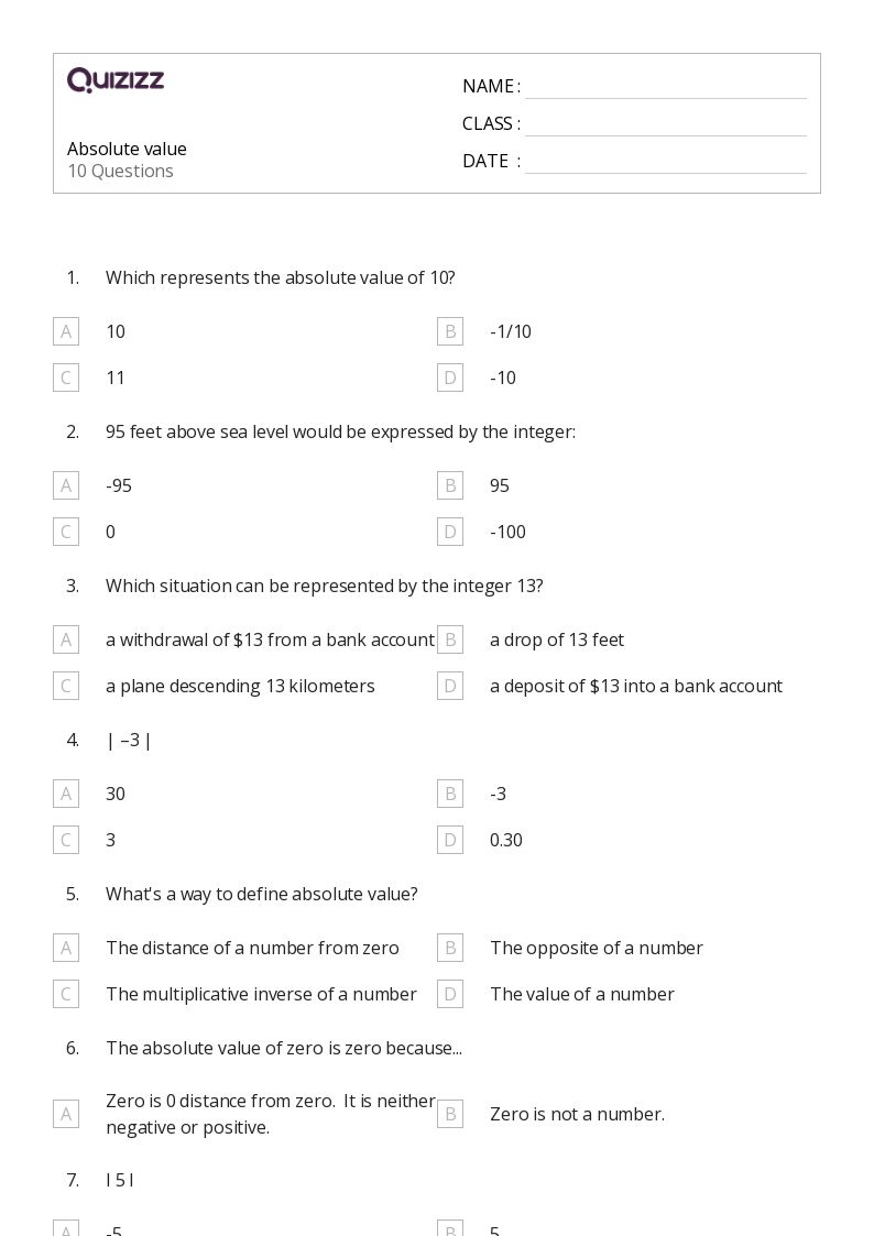 50+ Absolute Value worksheets for 7th Grade on Quizizz Free & Printable