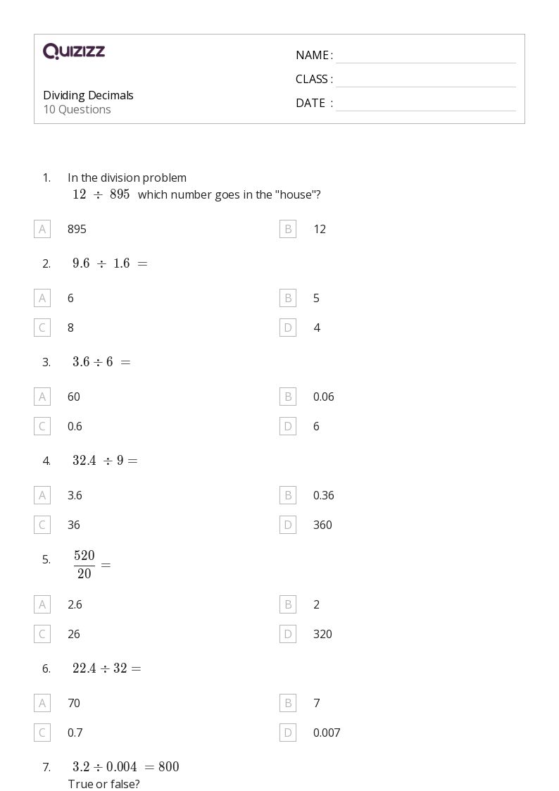 50+ Dividing Decimals worksheets for 6th Year on Quizizz Free & Printable