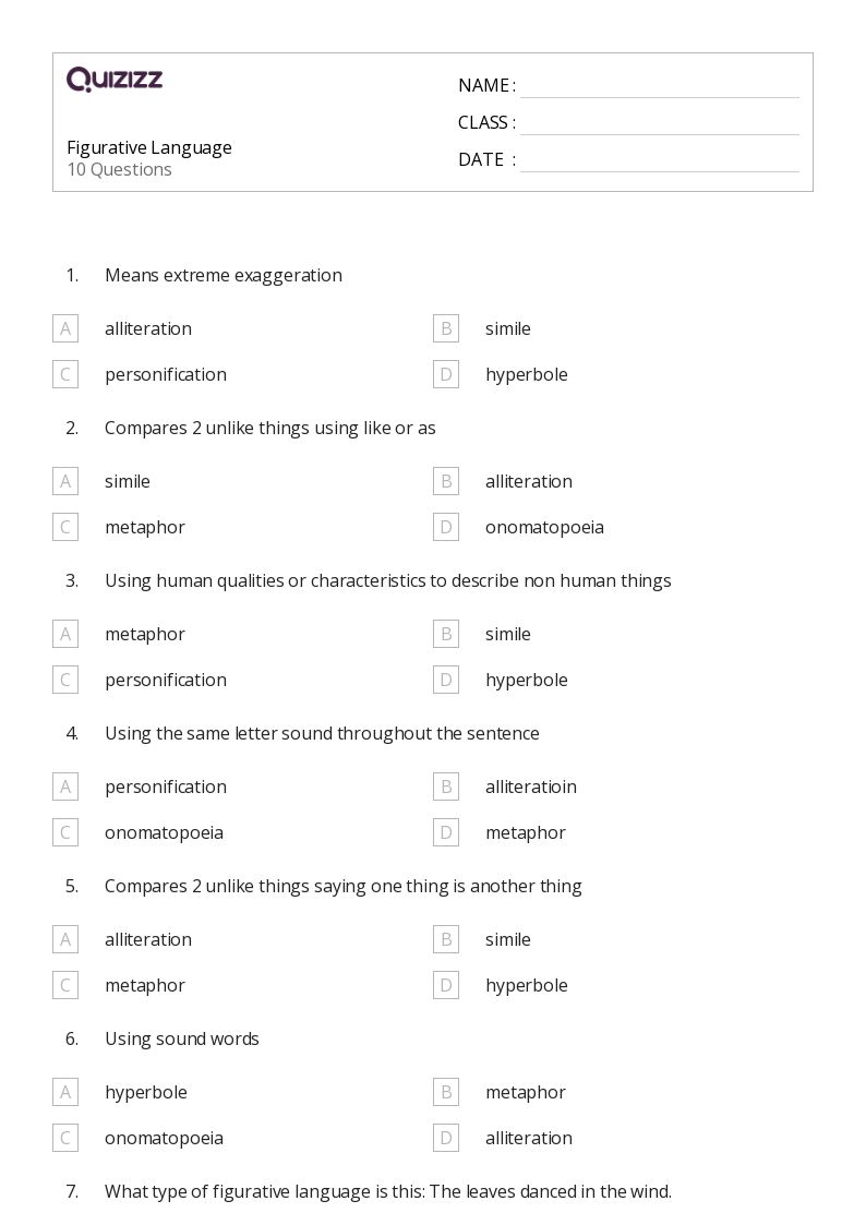 50+ Figurative Language worksheets for 3rd Grade on Quizizz | Free