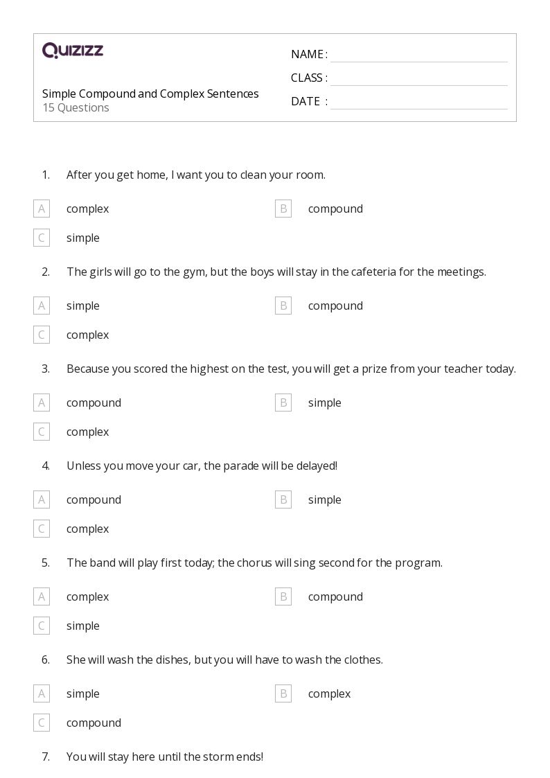 50+ Simple, Compound, and Complex Sentences worksheets for 6th Grade on