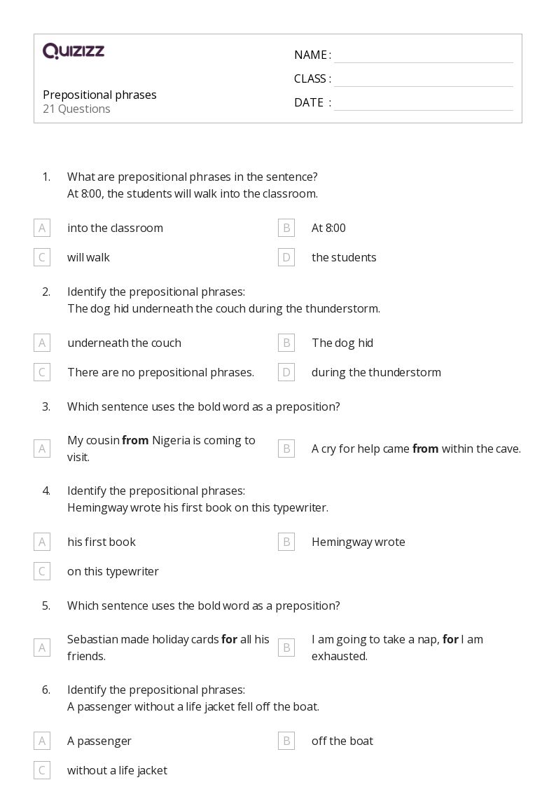 50+ Prepositional Phrases worksheets for 5th Grade on Quizizz Free & Printable