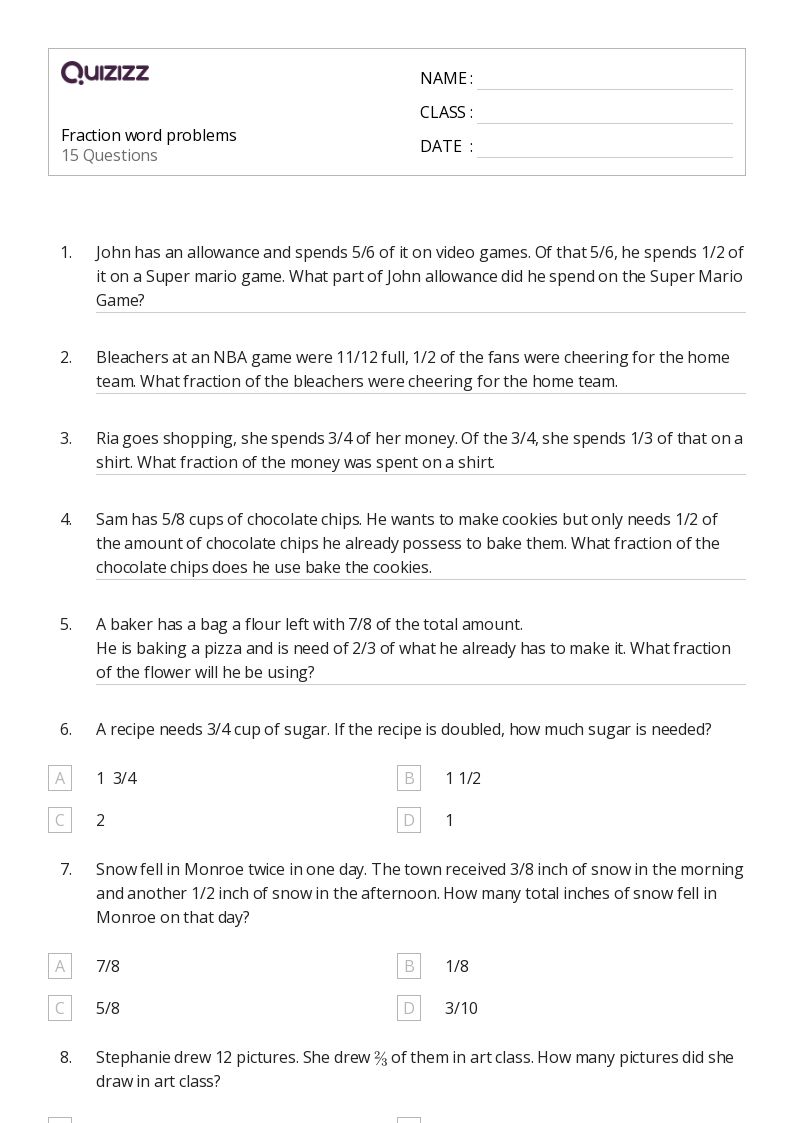 50+ Fraction Word Problems worksheets for 7th Grade on Quizizz Free