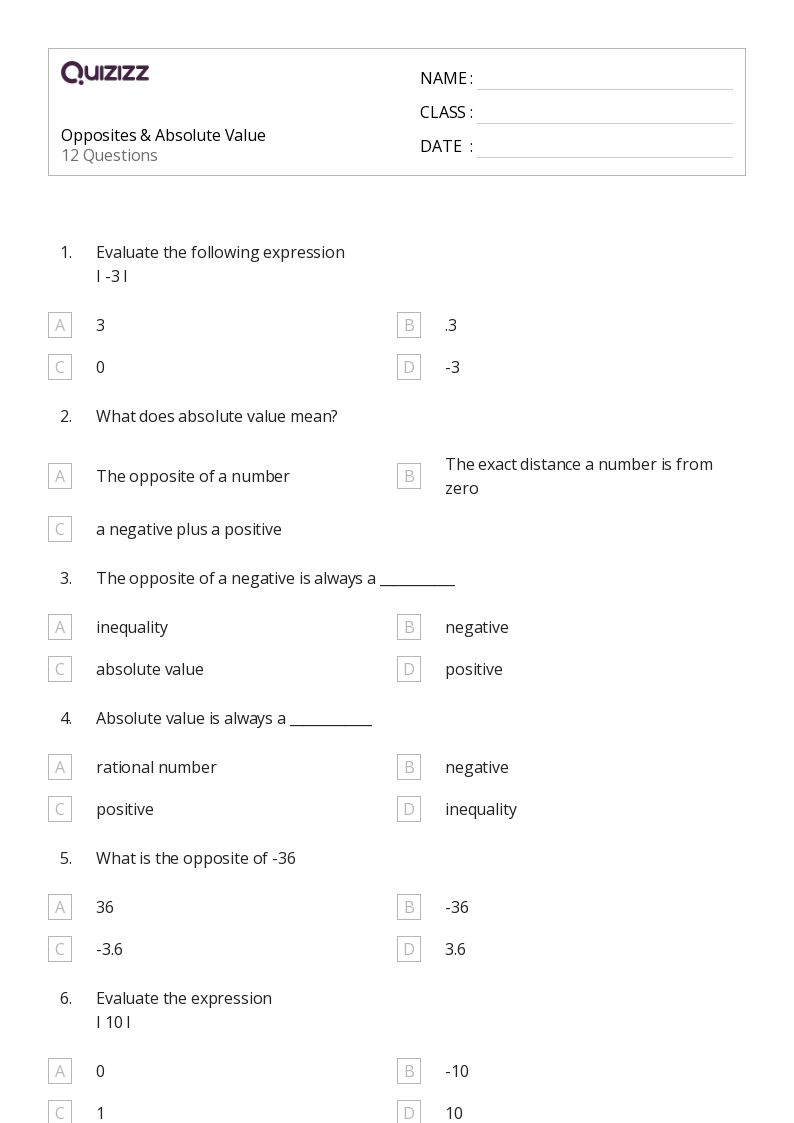 50+ Absolute Value worksheets for 6th Class on Quizizz Free & Printable