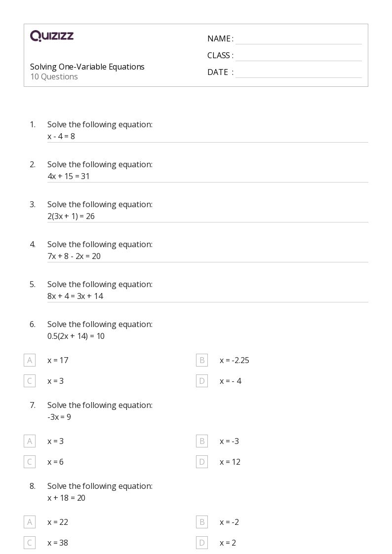 50+ OneVariable Equations worksheets for 7th Grade on Quizizz Free & Printable