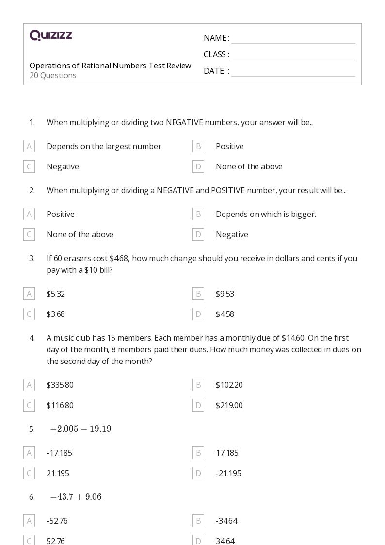 50+ Operations With Rational Numbers worksheets for 8th Grade on Quizizz Free & Printable