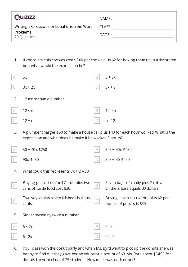 50+ Writing Expressions worksheets for 8th Grade on Quizizz Free & Printable