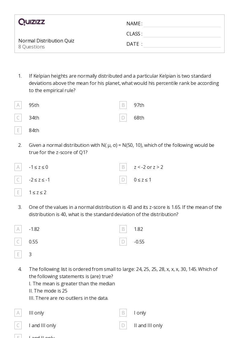 50+ normal distribution worksheets for 11th Grade on Quizizz Free