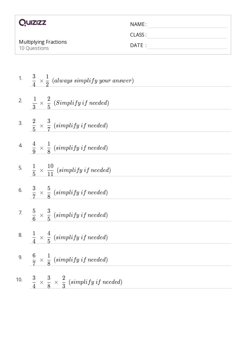 50+ Multiplying Fractions worksheets for 7th Grade on Quizizz Free & Printable