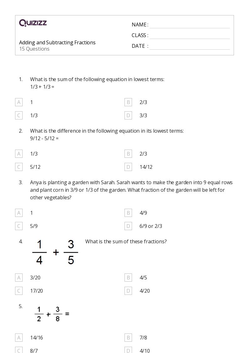 50+ Adding and Subtracting Fractions worksheets for 7th Grade on Quizizz Free & Printable