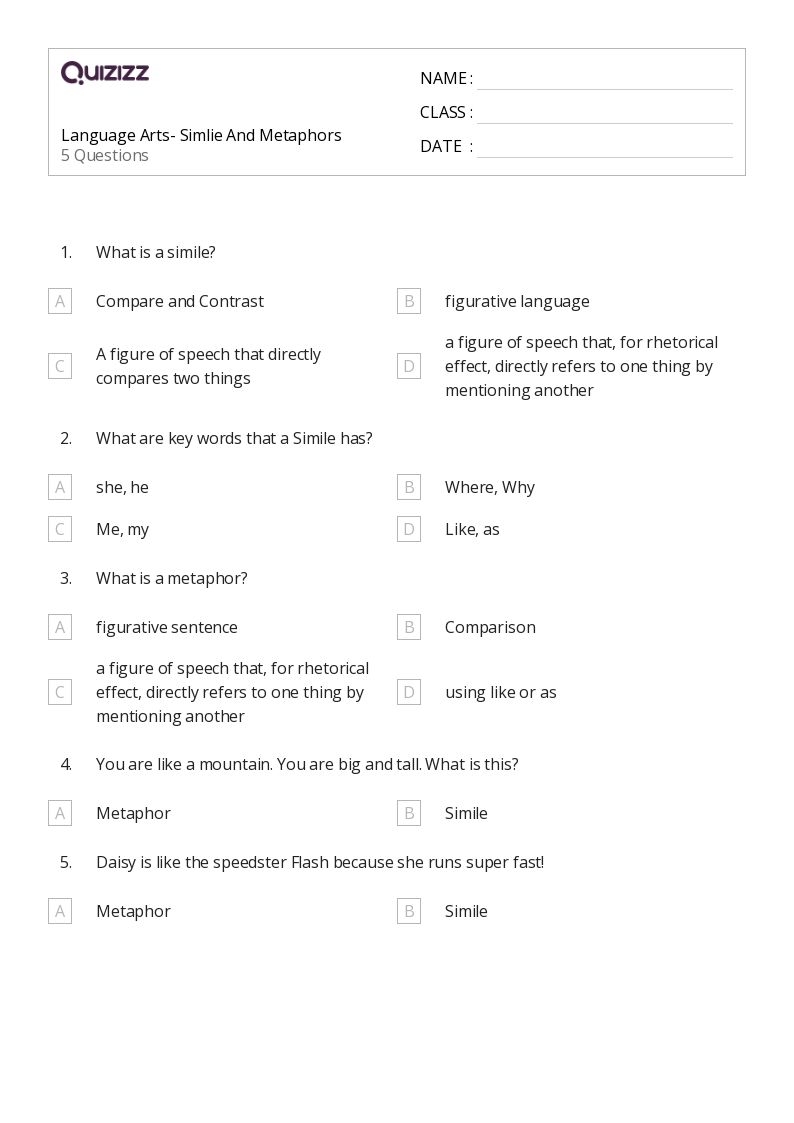50+ Metaphors worksheets for Kindergarten on Quizizz Free & Printable