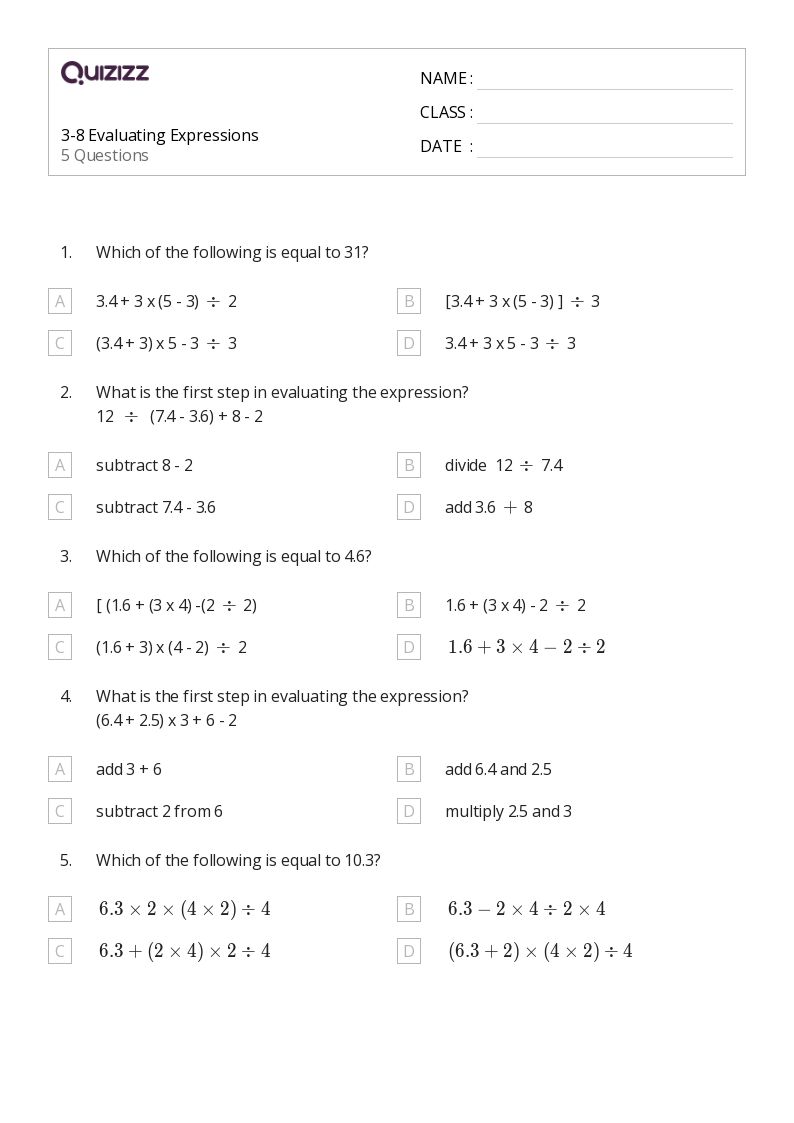 50+ Evaluating Expressions worksheets for 5th Grade on Quizizz Free & Printable