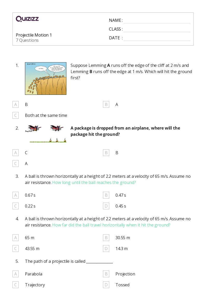 Printable projectile motion Worksheets for Year 11 Quizizz