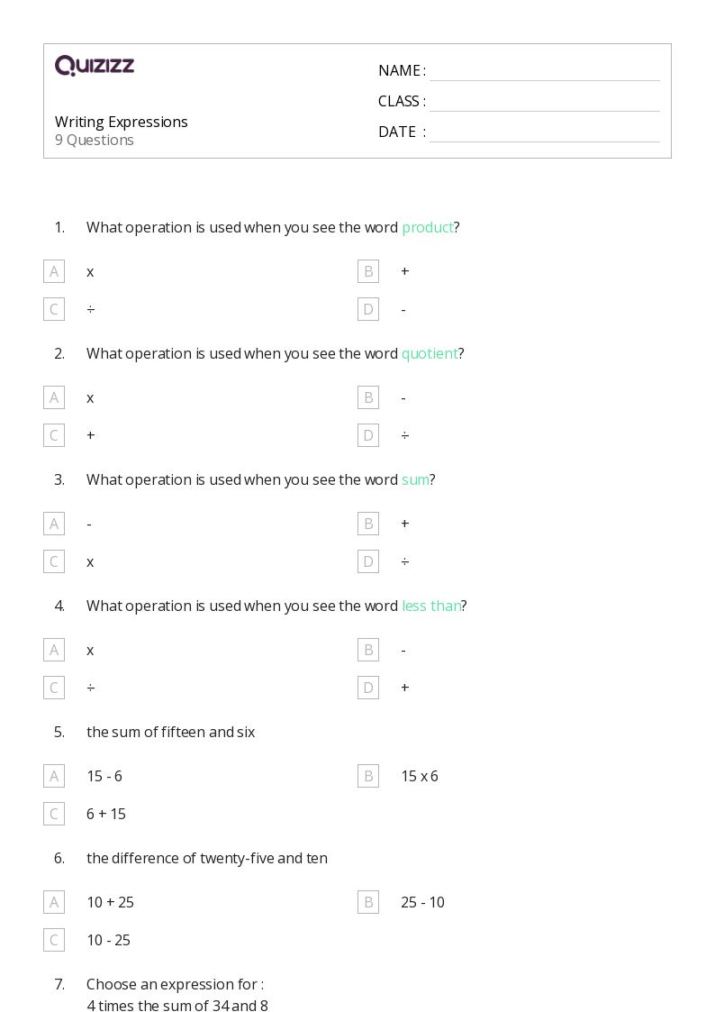 50+ Writing Expressions worksheets for 5th Grade on Quizizz Free & Printable