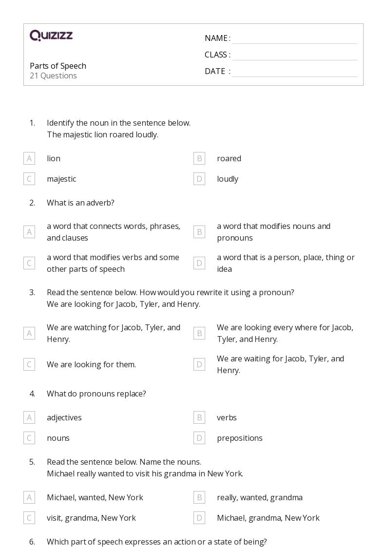 50+ Parts of Speech worksheets for 7th Year on Quizizz Free & Printable