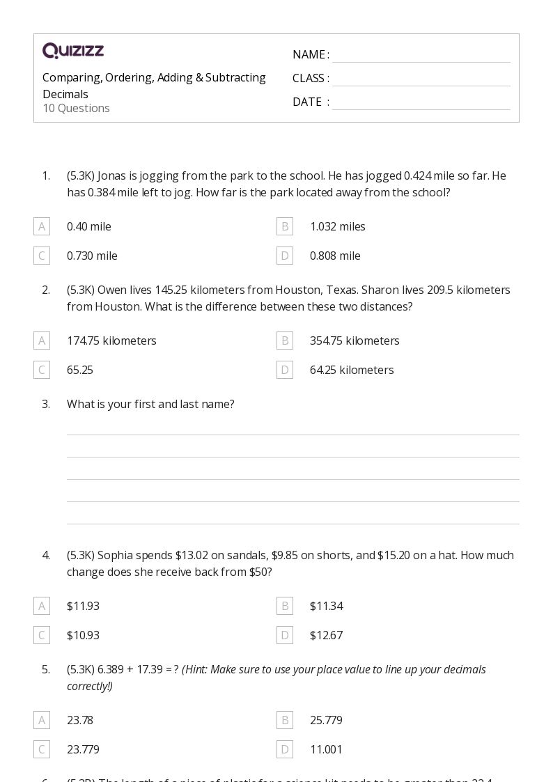 50+ Comparing Length worksheets for 5th Grade on Quizizz Free & Printable