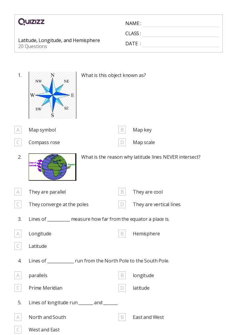 50+ latitude and longitude worksheets for 6th Grade on Quizizz Free