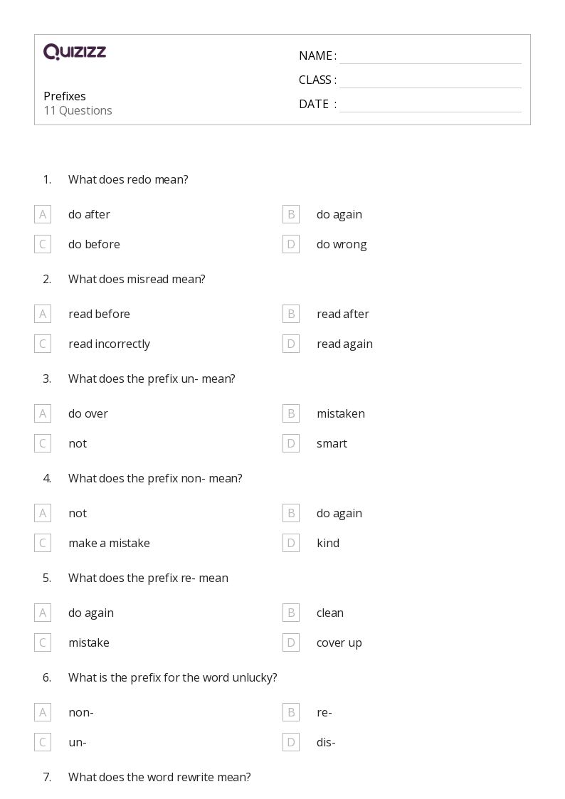 50+ Prefixes worksheets for 4th Class on Quizizz Free & Printable