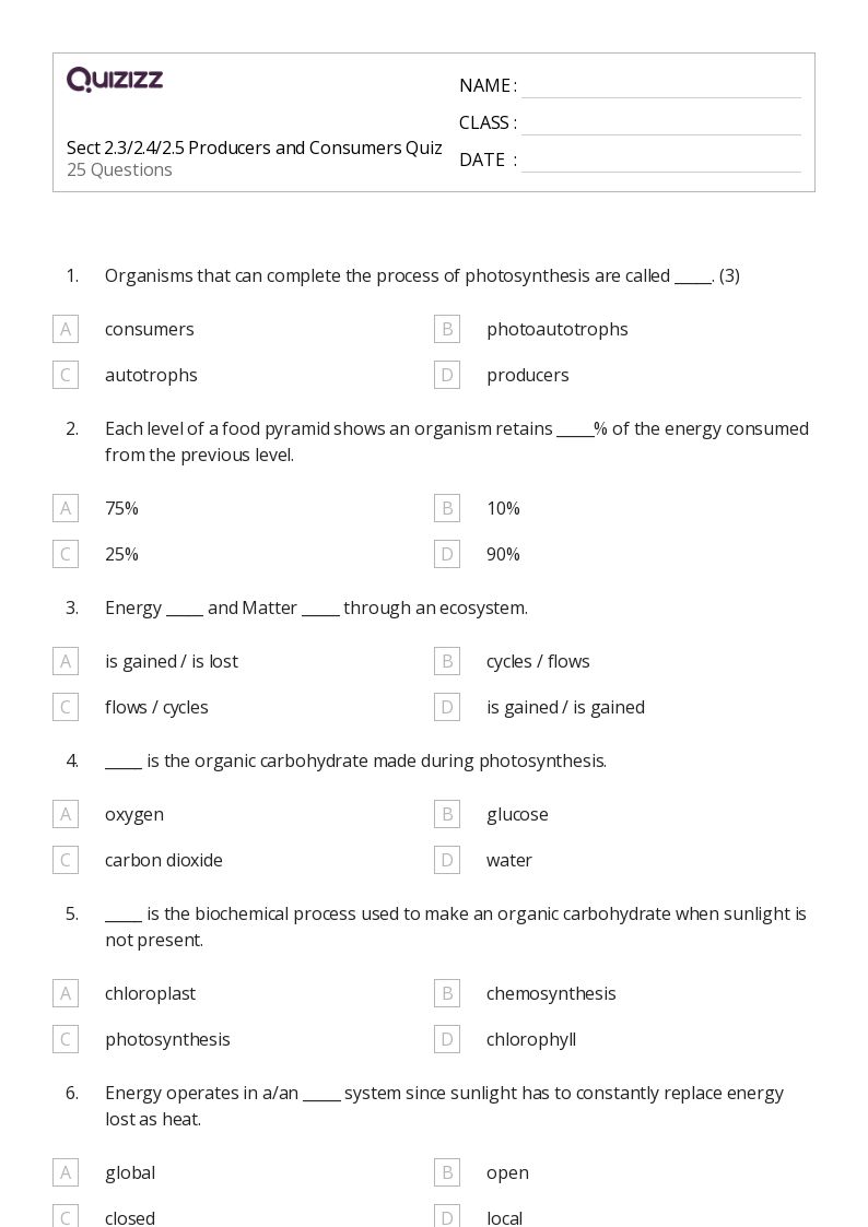 50+ producers and consumers worksheets on Quizizz Free & Printable