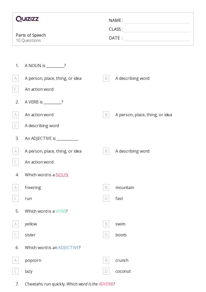 50+ Parts of Speech worksheets for 7th Class on Quizizz Free & Printable