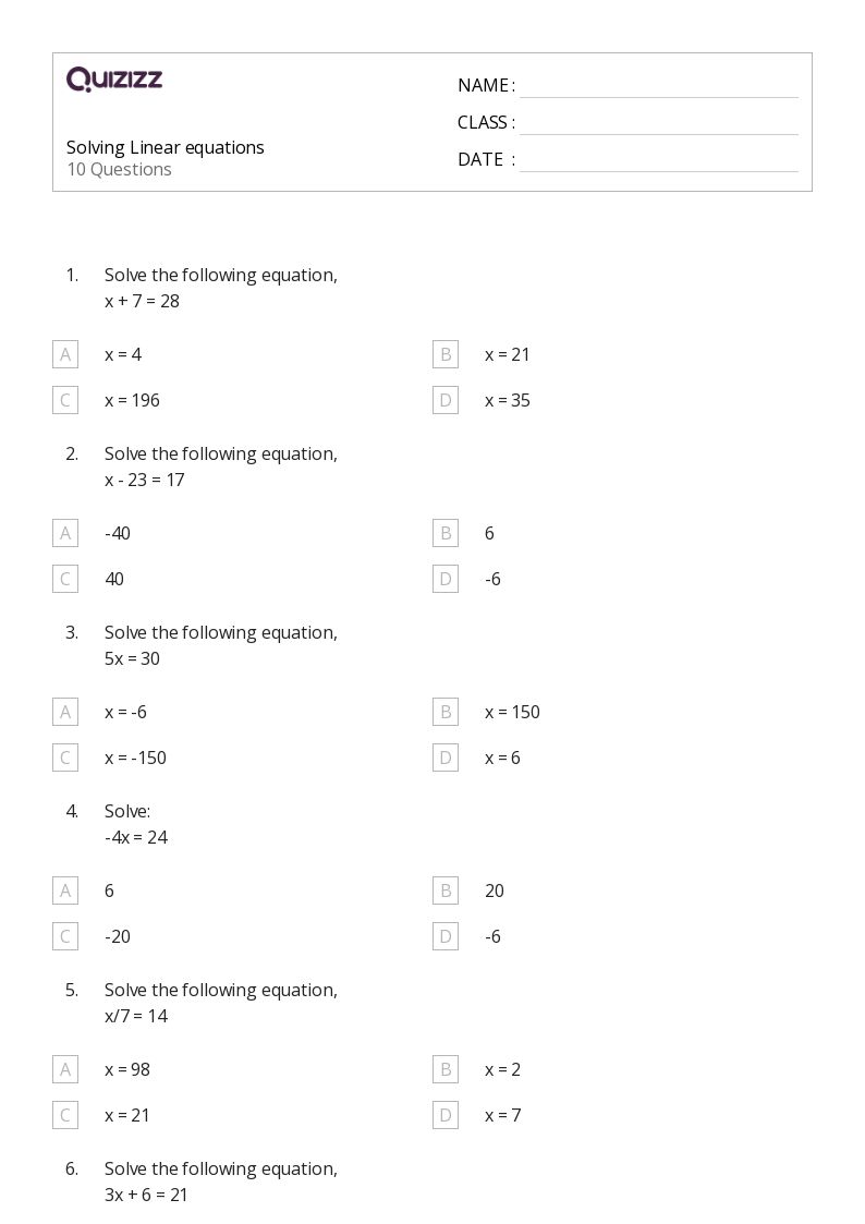 50+ Linear Equations worksheets for 2nd Grade on Quizizz Free & Printable