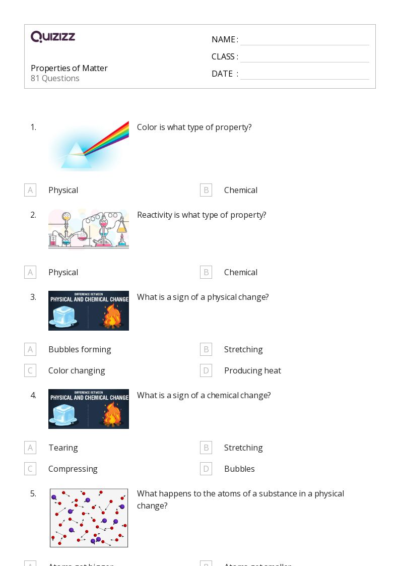 Printable Properties of Matter Worksheets Quizizz