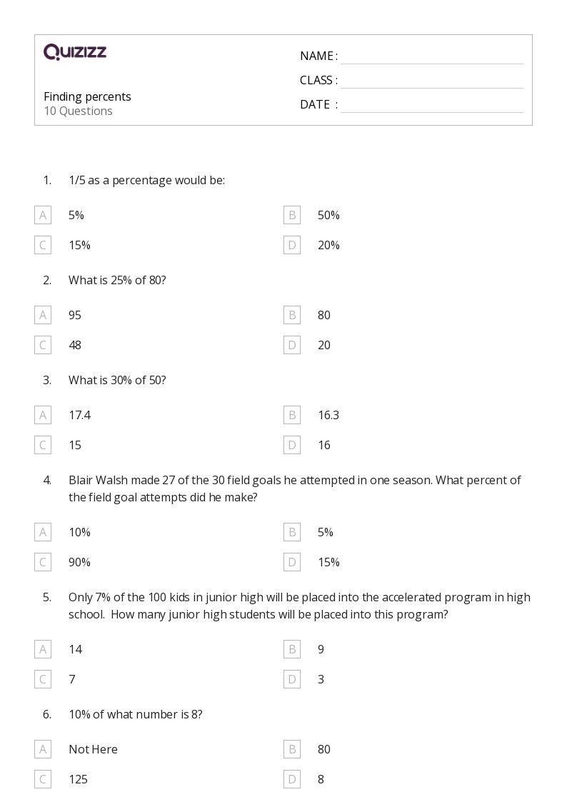 50+ Percents worksheets for 6th Grade on Quizizz | Free & Printable