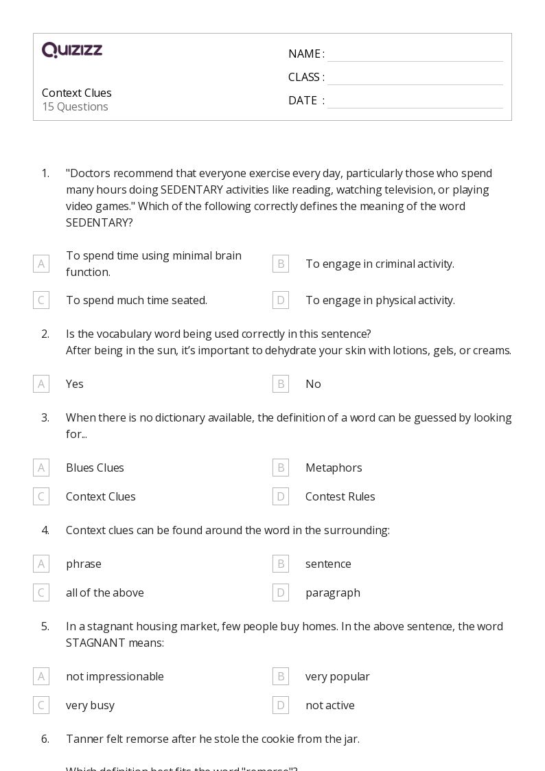 50+ Determining Meaning Using Context Clues worksheets on Quizizz Free & Printable
