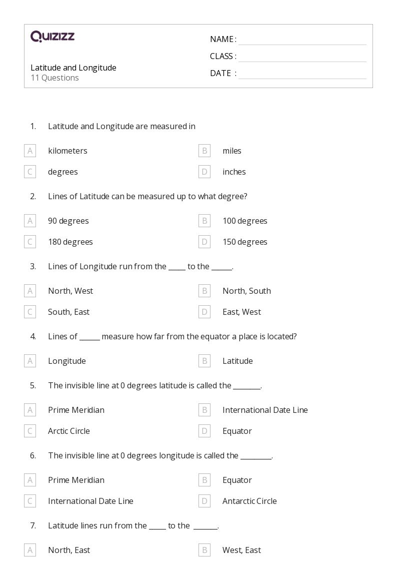 50+ latitude and longitude worksheets on Quizizz Free & Printable