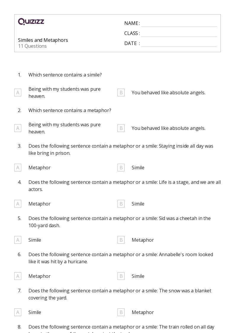 50+ Metaphors worksheets for 7th Grade on Quizizz Free & Printable