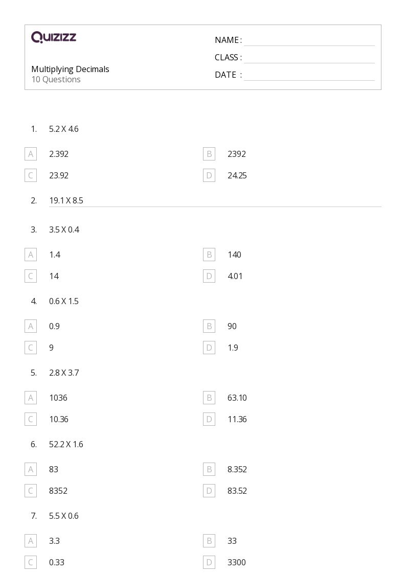 50+ Multiplying Decimals worksheets for 5th Grade on Quizizz | Free