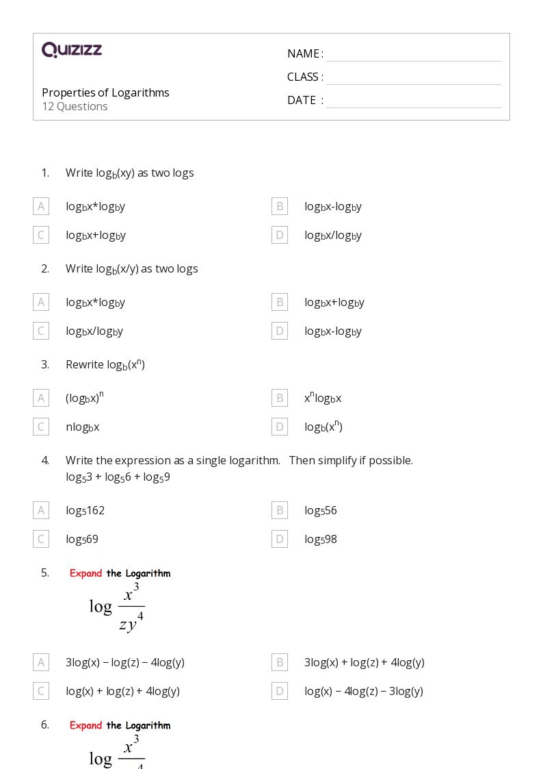 50+ Logarithms worksheets on Quizizz Free & Printable