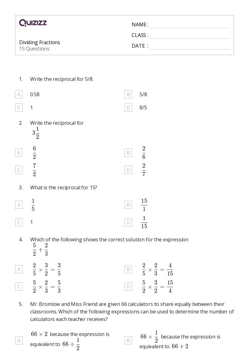 50+ Dividing Fractions worksheets for 6th Grade on Quizizz Free & Printable