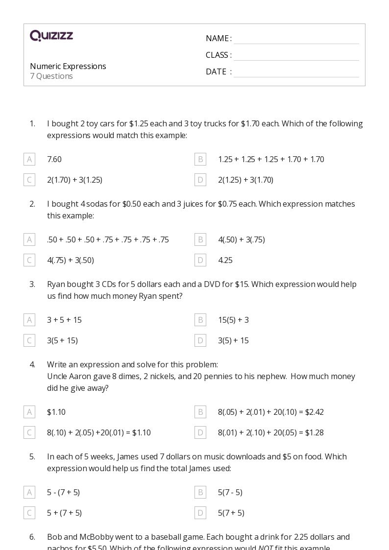 50+ Expressions worksheets for 7th Grade on Quizizz | Free & Printable