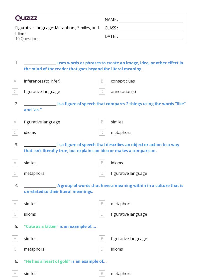 50+ Metaphors worksheets for 6th Grade on Quizizz Free & Printable