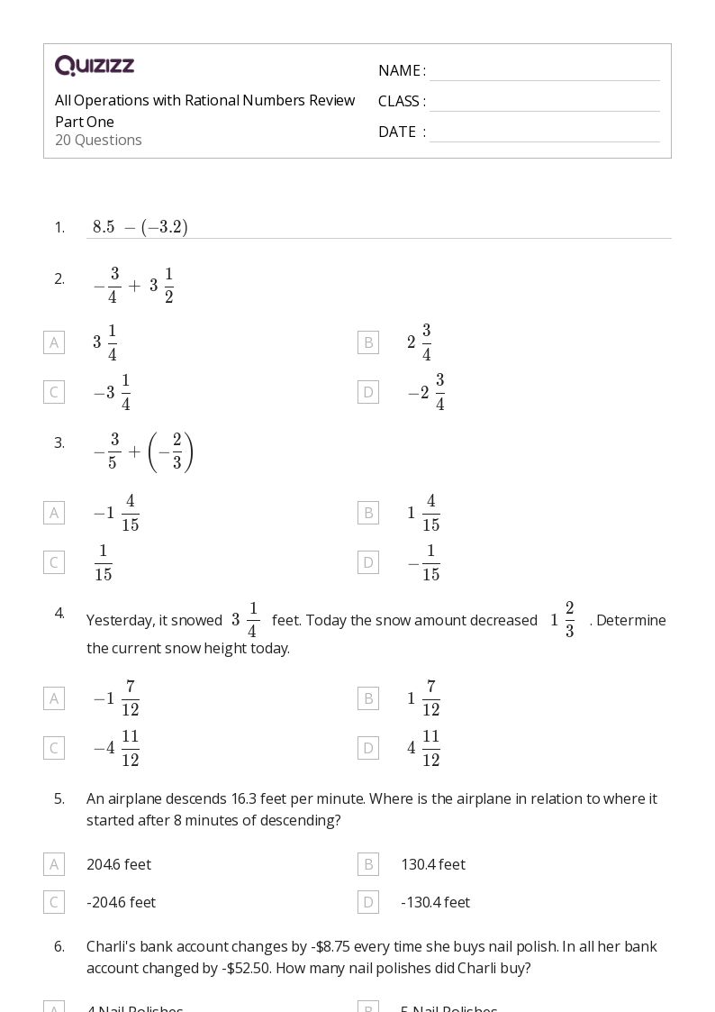 50+ Operations With Rational Numbers worksheets for 6th Grade on Quizizz Free & Printable
