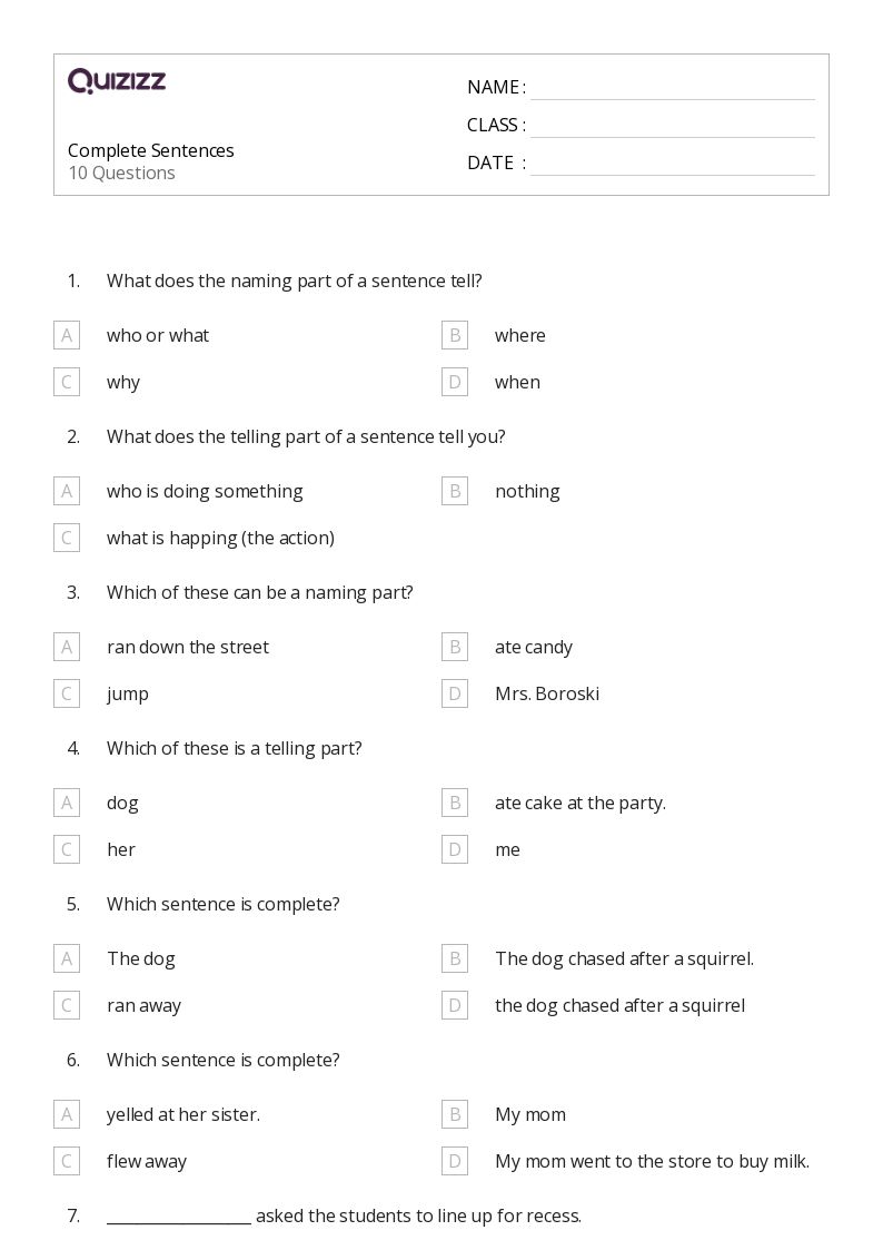 50+ Complete Sentences worksheets for 3rd Grade on Quizizz Free & Printable