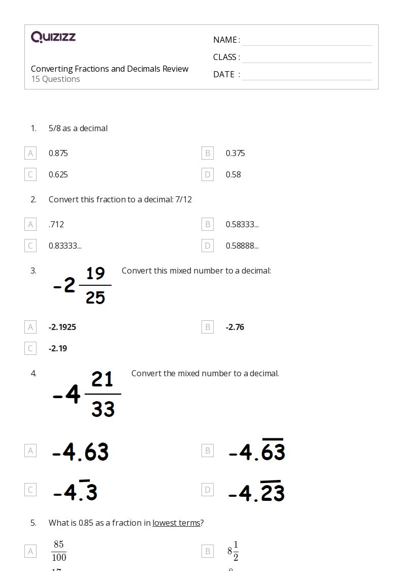 50+ Converting Percents, Decimals, and Fractions worksheets for 8th