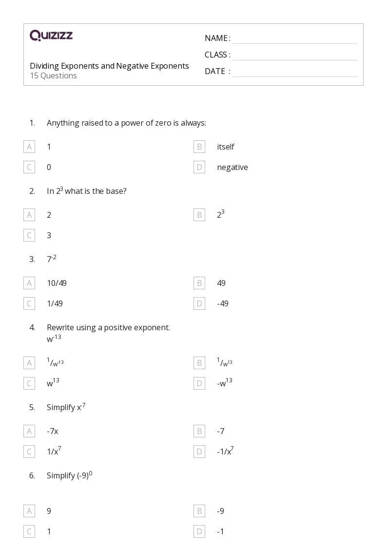 50+ Exponents worksheets for 8th Grade on Quizizz Free & Printable