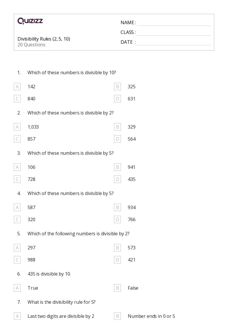 50+ Divisibility Rules worksheets for 5th Class on Quizizz | Free