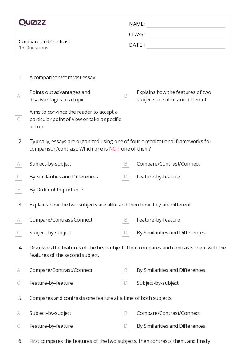 50+ Compare and Contrast worksheets on Quizizz Free & Printable