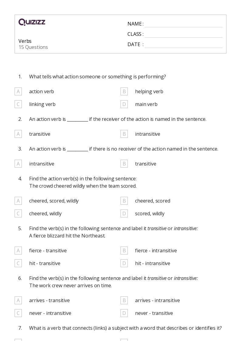 50+ Verbs worksheets for 6th Grade on Quizizz Free & Printable