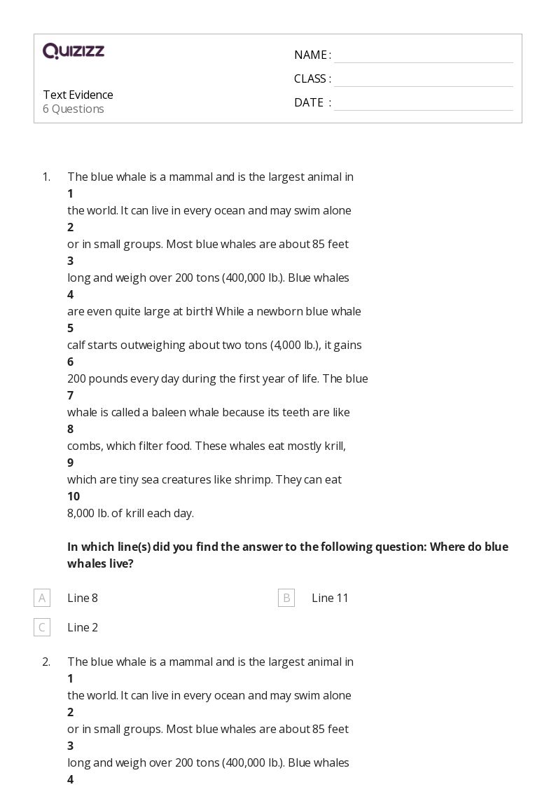 50+ Text Evidence worksheets on Quizizz Free & Printable