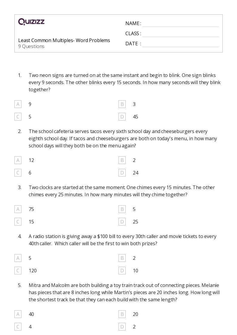 50+ Least Common Multiple worksheets for 5th Grade on Quizizz | Free