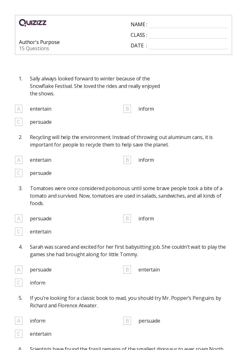 50+ Identifying the Author's Purpose worksheets on Quizizz Free