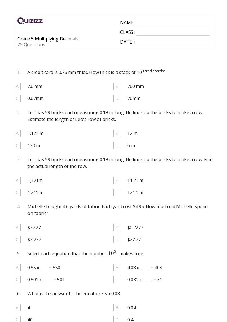50+ Multiplying Decimals worksheets for 4th Grade on Quizizz Free & Printable