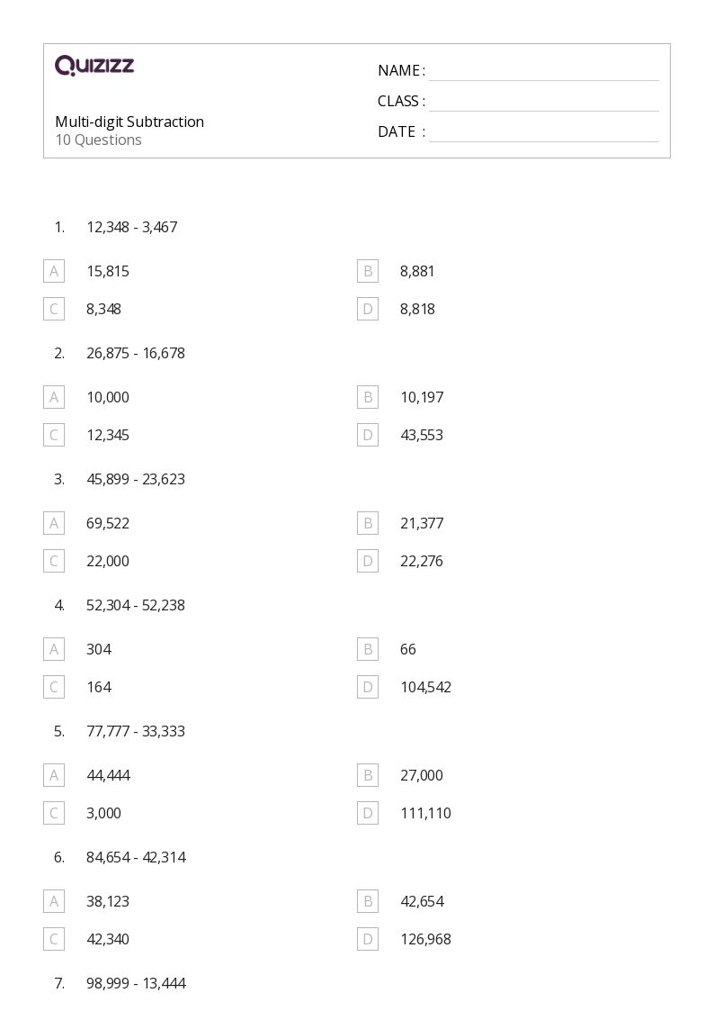50+ Subtraction worksheets for 4th Grade on Quizizz Free & Printable