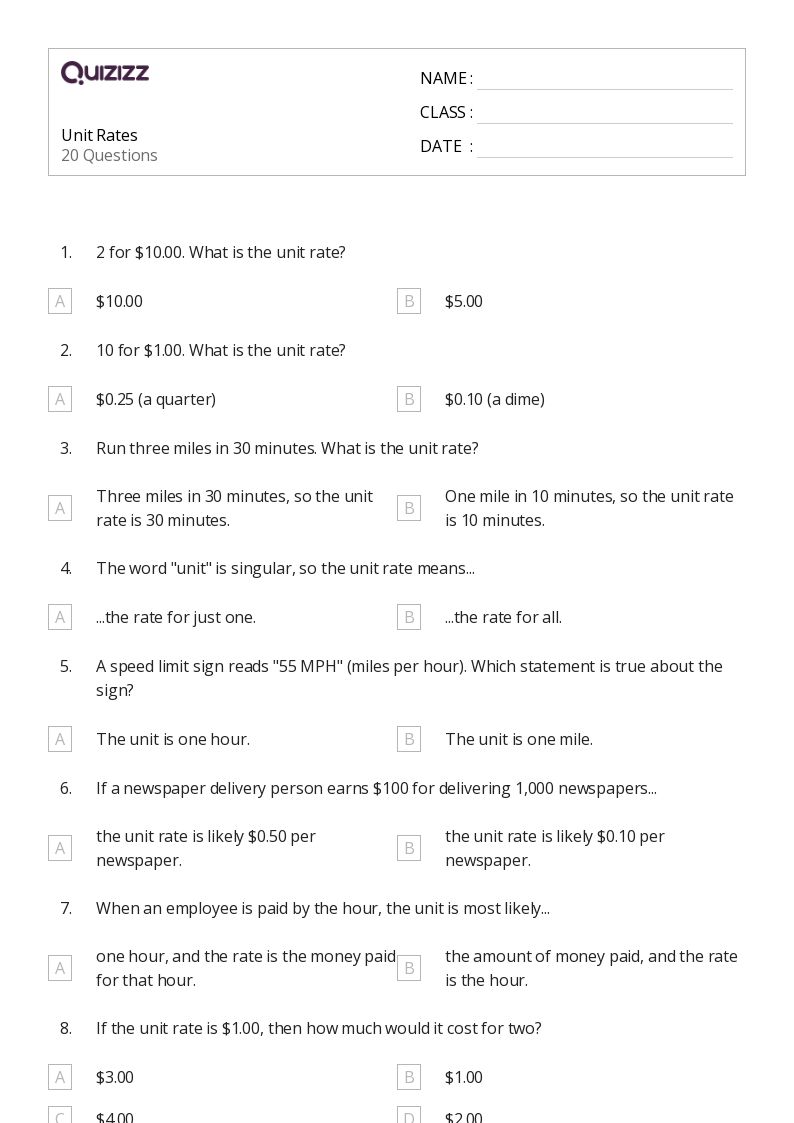 50+ Unit Rates worksheets for 5th Grade on Quizizz Free & Printable
