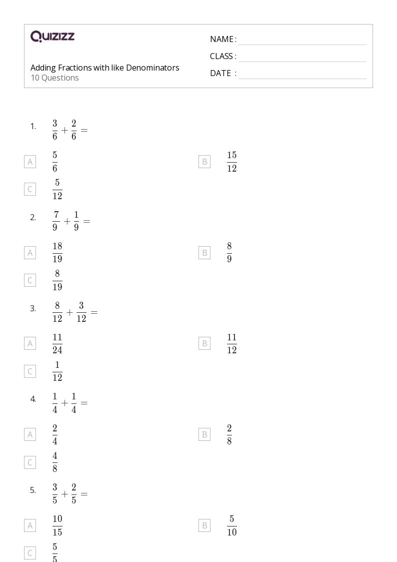 50+ Adding Fractions worksheets for 6th Grade on Quizizz Free & Printable