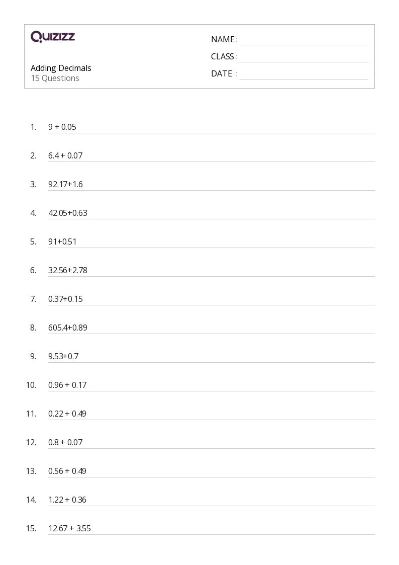 50+ Adding Decimals worksheets for 6th Grade on Quizizz Free & Printable